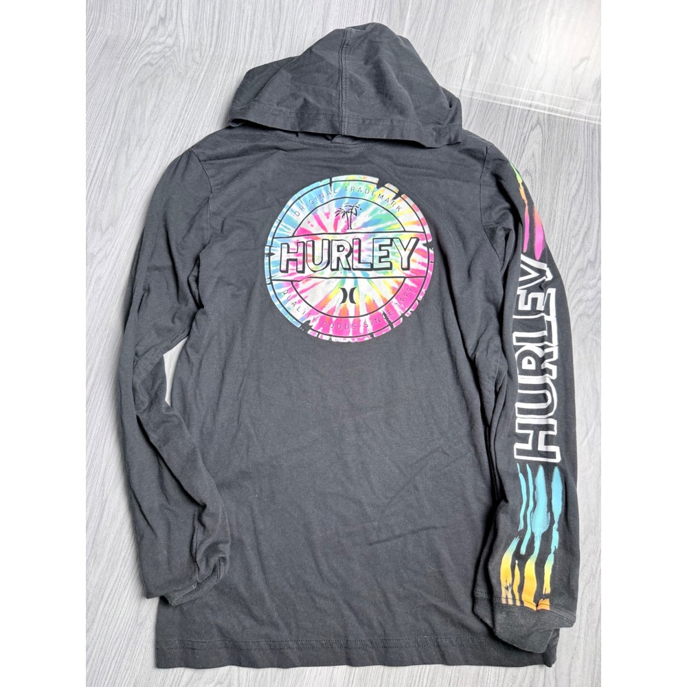 Hurley Boys Long Sleeve Hooded Graphic Tee Charcoal Grey Tie Dye Logo